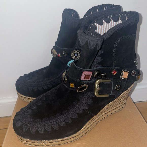 NEW MOU JEWELED ESPADRILLE BLACK SUEDE BOOTS BOOTS - Picture 3 of 6